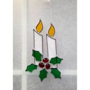 Stained Glass Candle Ornament With Holly & Berries Decoration Sun Catcher